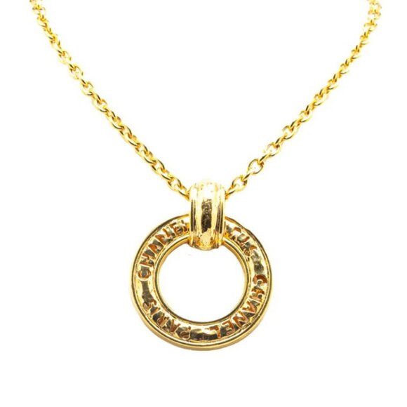 CHANEL Logos Round Circle Necklace 35" Gold Tone Auth w/Box #5374 - Picture 1 of 6